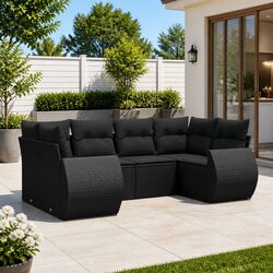 6-Piece Black Poly Rattan Garden Sofa Set with Cushions
