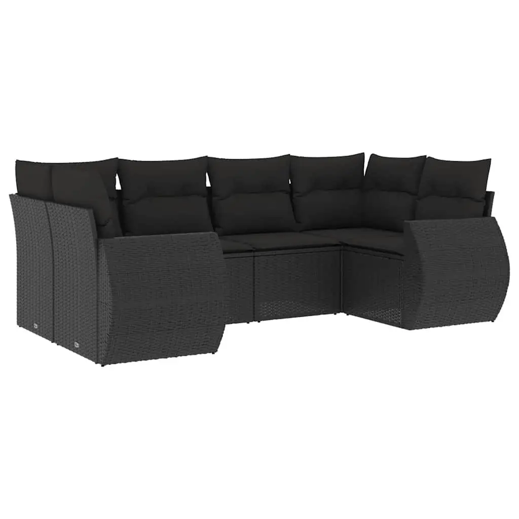 6-Piece Black Poly Rattan Garden Sofa Set with Cushions