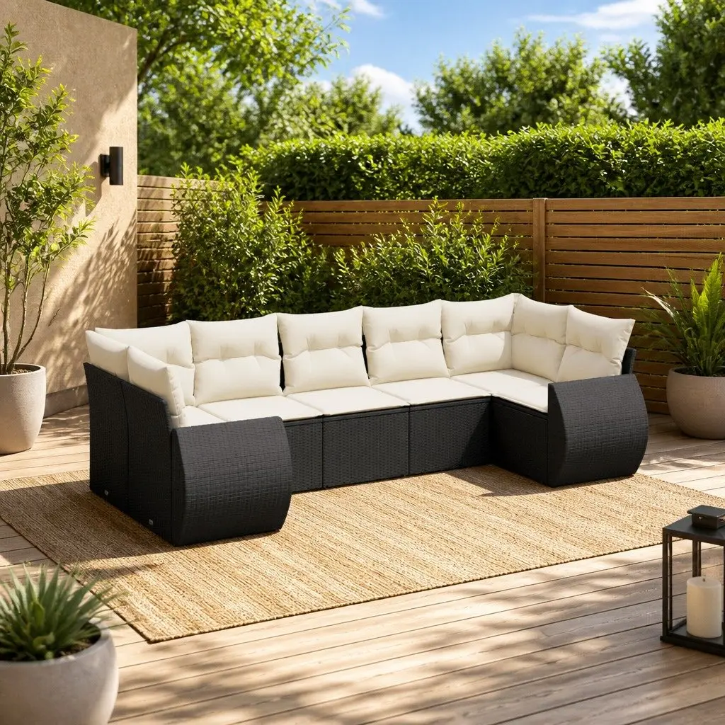7-Piece Black Poly Rattan Garden Sofa Set