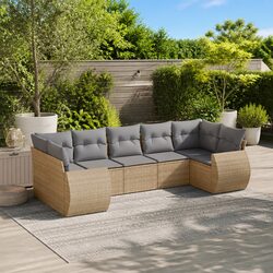 Beige Poly Rattan 7-Piece Outdoor Garden Sofa Set