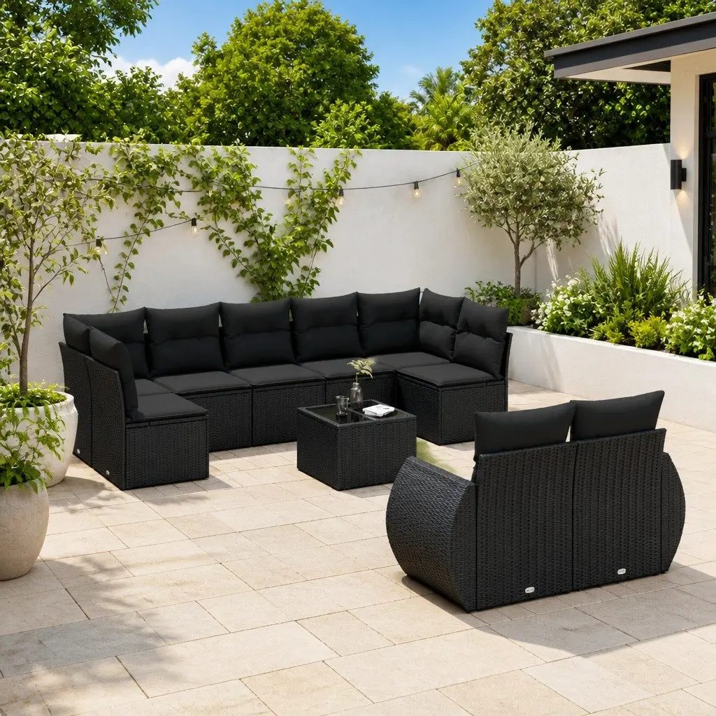Garden Sofa Set 10 Piece Outdoor Furniture Black Poly Rattan Patio Lounge