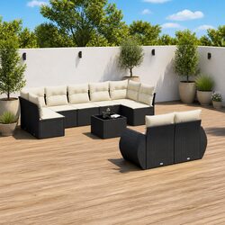 10-Piece Black Poly Rattan Garden Sofa Set