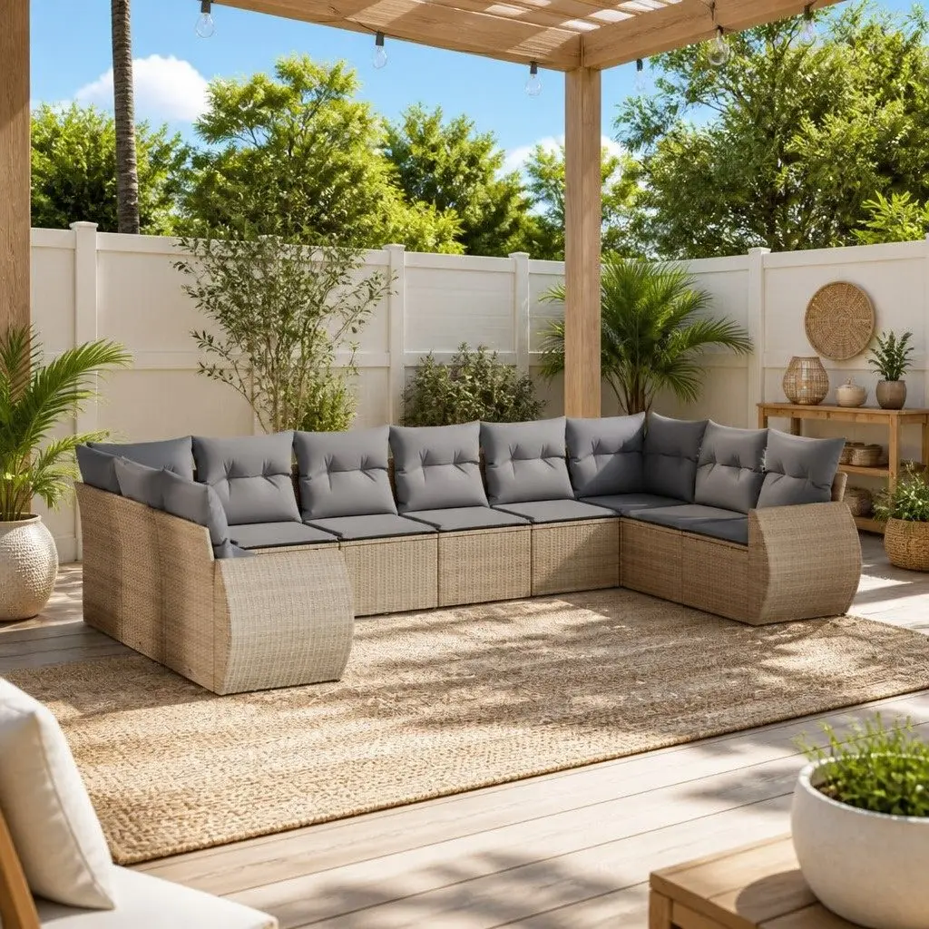 10-Piece Beige Outdoor Sofa Set with Cushions