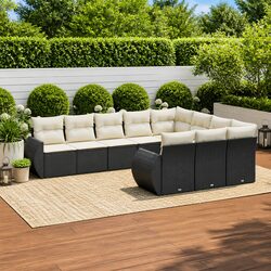 10-Piece Black Poly Rattan Garden Sofa Set with Cushions