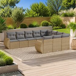 10-Piece Beige Poly Rattan Outdoor Garden Sofa Set