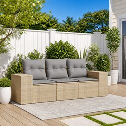 Beige Poly Rattan 3 Piece Garden Sofa Set with Cushions