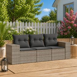 Durable 3 Piece Garden Sofa Set with Cushions in Grey Rattan