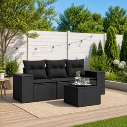 Durable 4-Piece Black Poly Rattan Garden Sofa Set