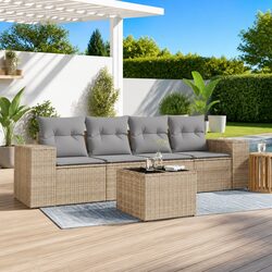 5-Piece Beige Poly Rattan Garden Sofa Set with Cushions