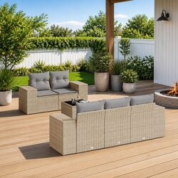 Beige Poly Rattan 6-Piece Garden Sofa Set with Storage