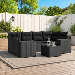 7-Piece Black Poly Rattan Garden Sofa Set with Cushions