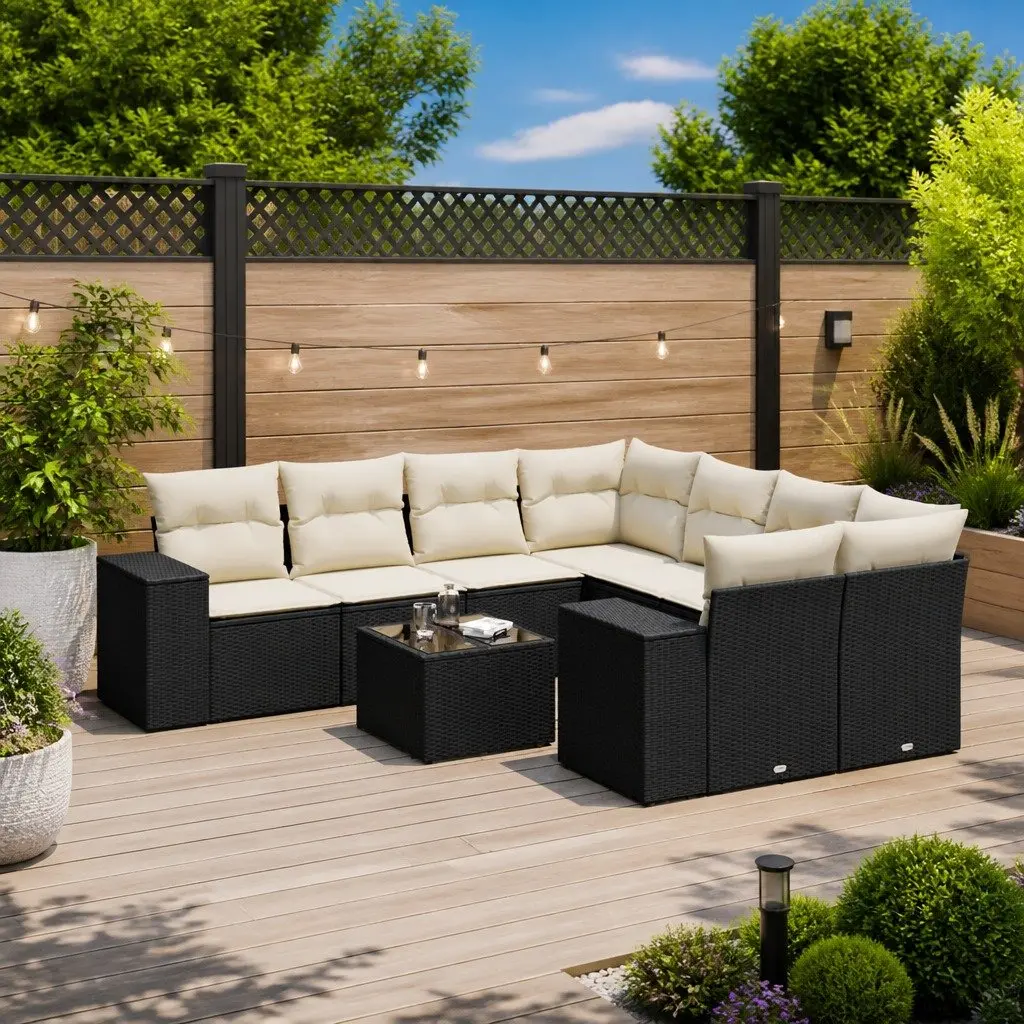 Garden Sofa Set PE Rattan 9 Piece Outdoor Furniture Black with Cushions Storage Tempered Glass