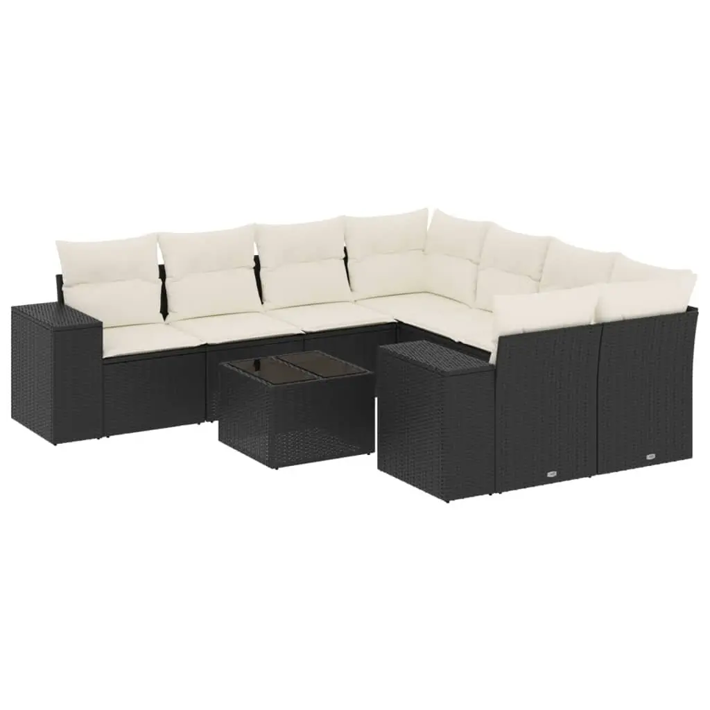 Garden Sofa Set PE Rattan 9 Piece Outdoor Furniture Black with Cushions Storage Tempered Glass
