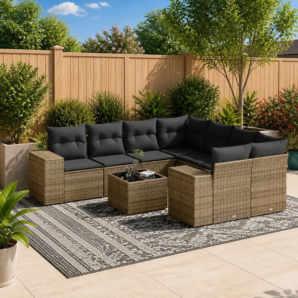 9-Piece Grey Poly Rattan Garden Sofa Set