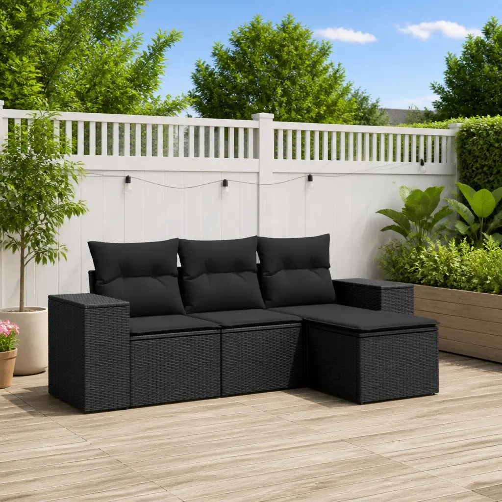 Black Poly Rattan Outdoor Sofa Set with Cushions