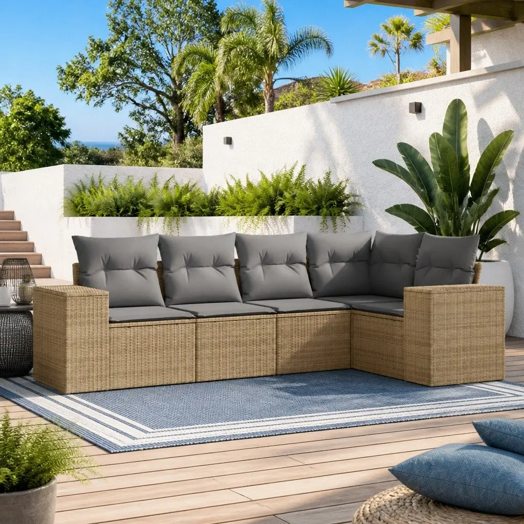 5 Piece Outdoor Furniture Garden Sofa Set Beige Rattan