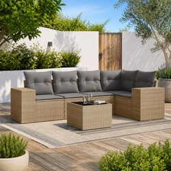 Beige Poly Rattan 6-Piece Garden Sofa Set with Storage