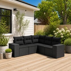 5-Piece Black Poly Rattan Outdoor Garden Sofa Set