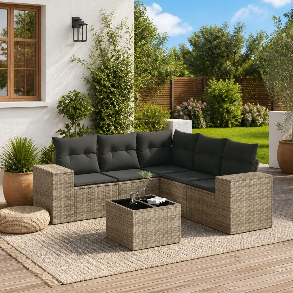 Garden Sofa Set PE Rattan 6 Piece Outdoor Furniture Grey with Cushions Storage