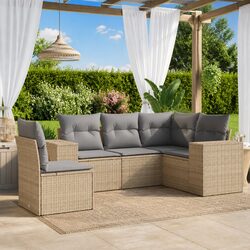 Beige Poly Rattan Garden Sofa Set – 5 Piece Outdoor Furniture