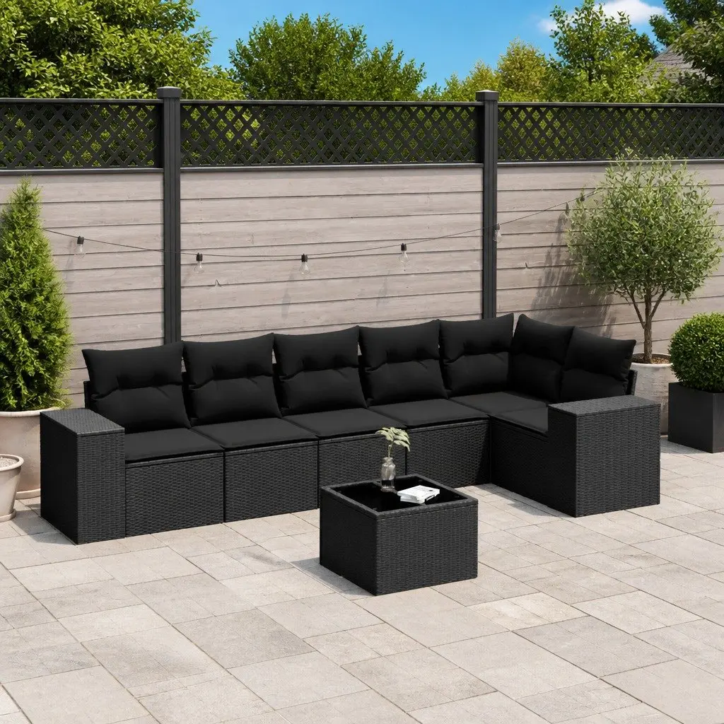 7 Piece Black Garden Sofa Set with Cushions