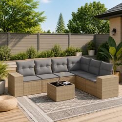7-Piece Beige Poly Rattan Garden Sofa Set