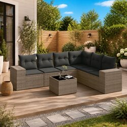 7-Piece Grey Poly Rattan Garden Sofa Set with Storage