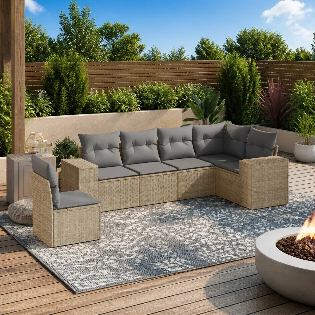 Garden Sofa Set PE Rattan 6 Piece Outdoor Furniture Modular Beige