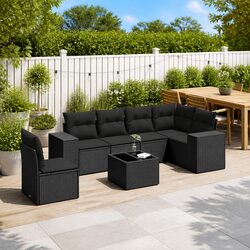 7 Piece Black Poly Rattan Garden Sofa Set for Outdoors