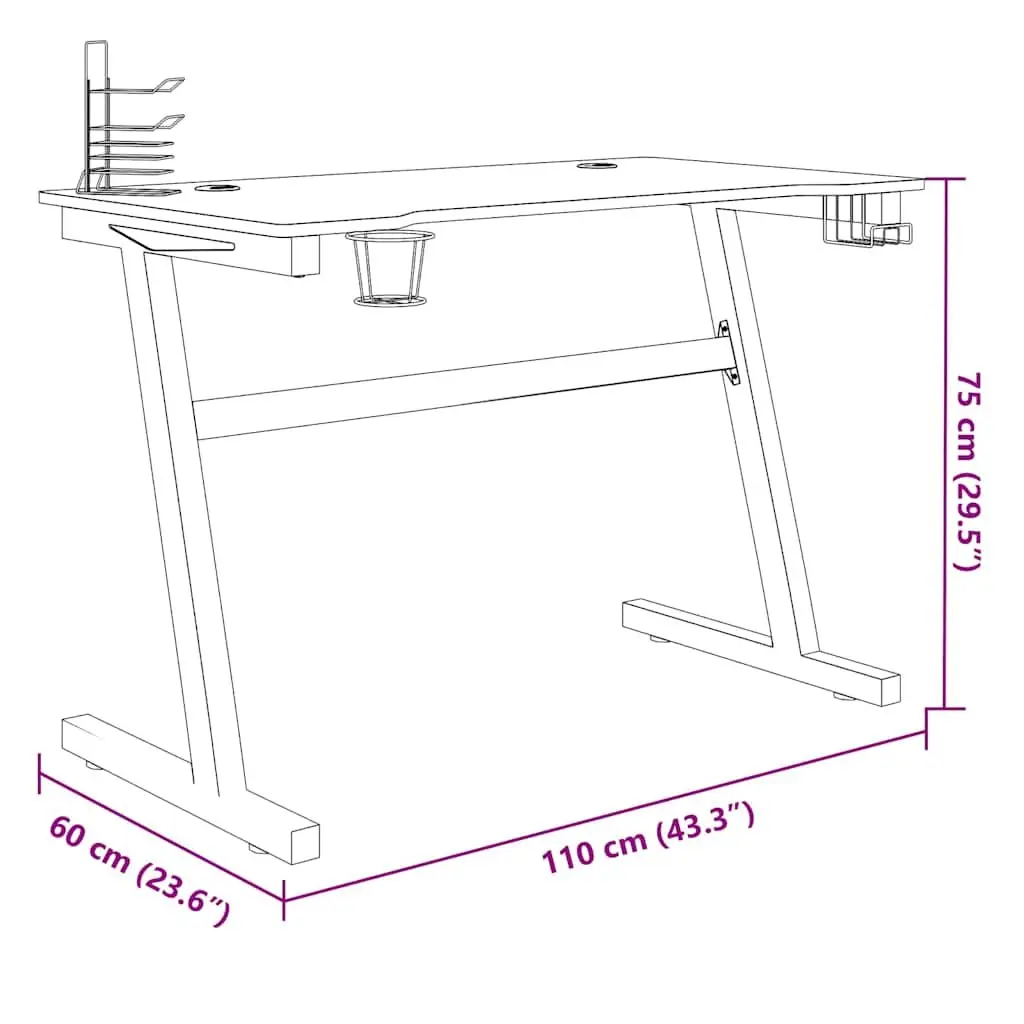 Gaming Desk Iron Z Shape 110x60x75cm Black