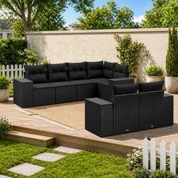 7 Piece Black Poly Rattan Garden Sofa Set for Outdoors