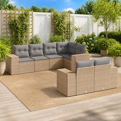 7 Piece Beige Poly Rattan Garden Sofa Set for Outdoors