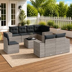 9 Piece Grey Poly Rattan Garden Sofa Set for Outdoors