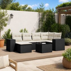 7 Piece Black Poly Rattan Garden Sofa Set with Cushions