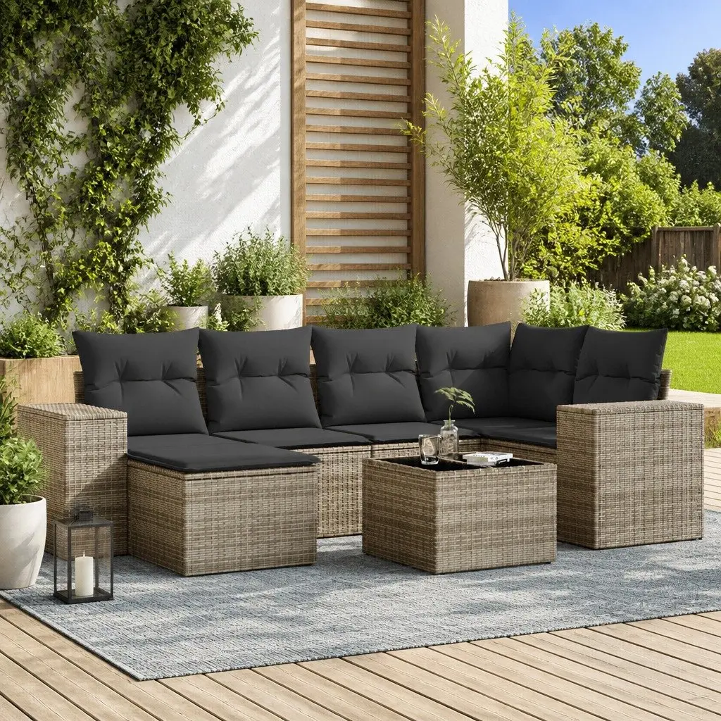 7 Piece Garden Sofa Set PE Rattan Grey Outdoor Furniture Patio Seating