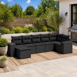 7 Piece Black Poly Rattan Garden Sofa Set for Outdoors