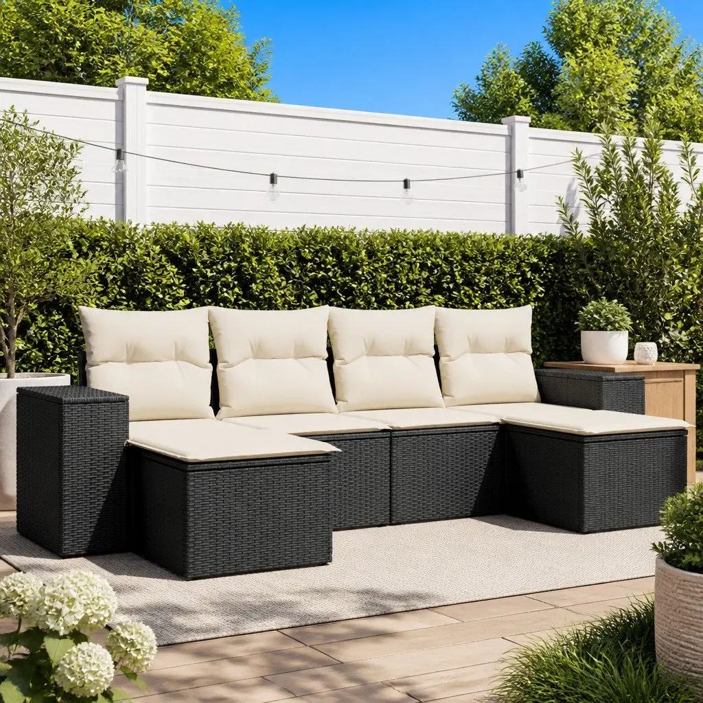 6 Piece Garden Sofa Set PE Rattan Black Outdoor Patio Furniture with Cushions