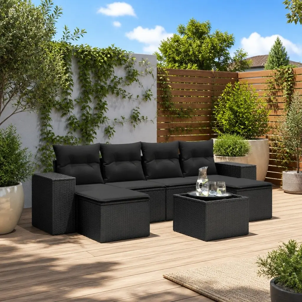 7 Piece Modular Garden Sofa Set with Cushions in Black