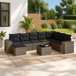 9-Piece Grey Poly Rattan Garden Sofa Set with Cushions