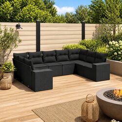 9-Piece Modular Black Poly Rattan Garden Sofa Set