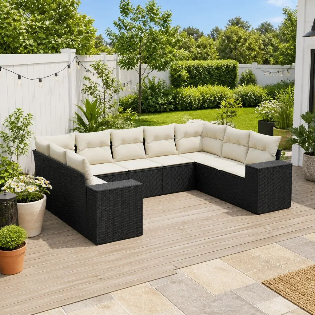 Garden Sofa Set PE Rattan 9 Piece Modular Outdoor Furniture Black