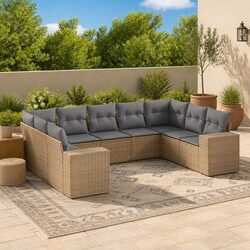 High-Quality 9-Piece Beige Poly Rattan Garden Sofa Set