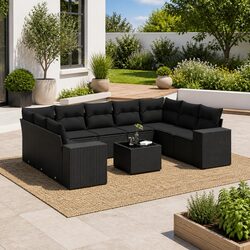 High-Quality 10 Piece Black Poly Rattan Garden Sofa Set
