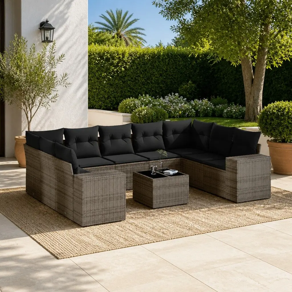 Garden Sofa Set PE Rattan 10 Piece Grey Outdoor Furniture Patio Lounge