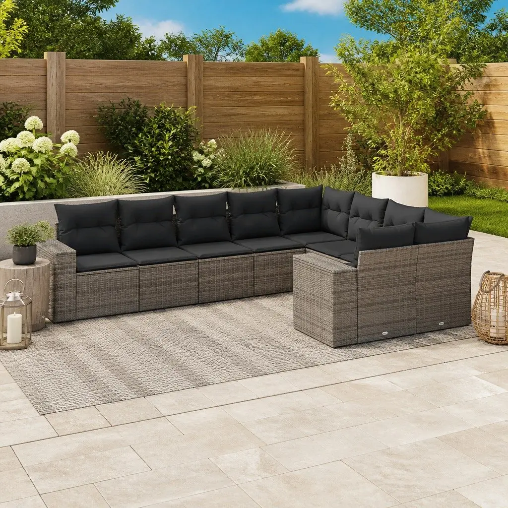 9-Piece Grey Poly Rattan Modular Garden Sofa Set
