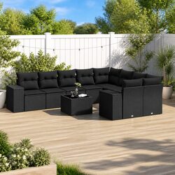 Durable 10-Piece Black Poly Rattan Garden Sofa Set