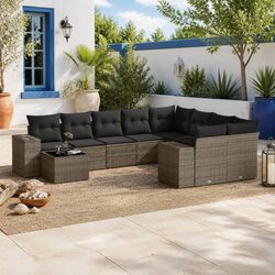 10-Piece Grey Poly Rattan Garden Sofa Set with Cushions