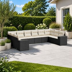 10-Piece Black Poly Rattan Garden Sofa Set with Cushions