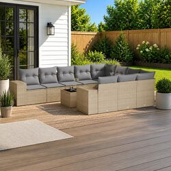 Outdoor 11-Piece Garden Sofa Set with Beige Poly Rattan
