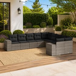 10-Piece Grey Poly Rattan Garden Sofa Set for Outdoor
